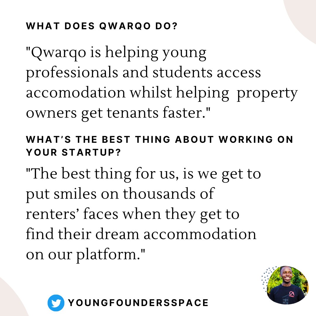 FoundersHubAfri's tweet photo. For today's #foundersfriday, we are celebrating @kirinyetbrian. Brian is building @Qwarqo which is a marketplace for tenants and property owners. 
@kirinyetbrian thank you for the solutions you're building to enhance people's lives. https://t.co/vYNOG4eNKm