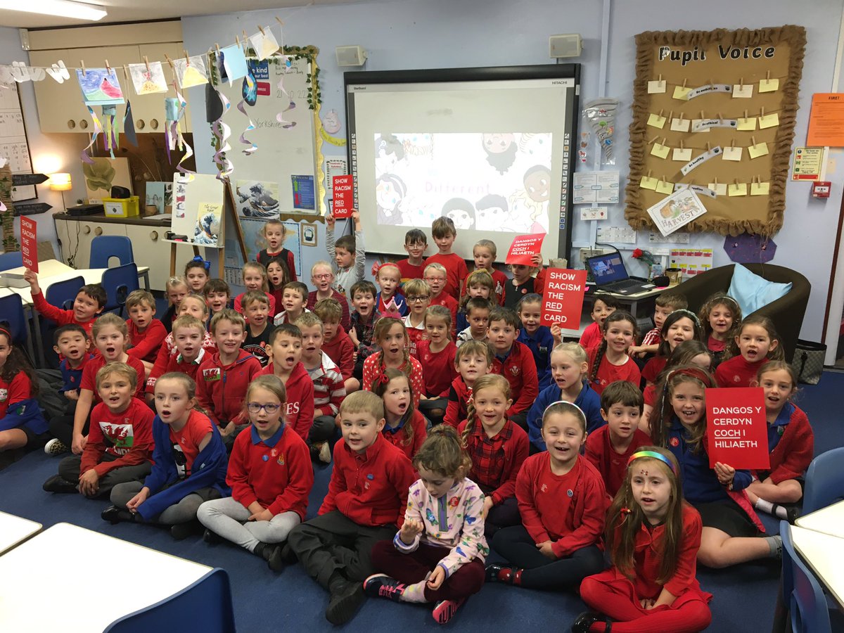 thedellschool's tweet photo. Year 2 are wearing red to supporting ‘Show Racism the Red Card’ day. #showracismtheredcard #WRD22 @theredcardwales https://t.co/6JXcTJnleU