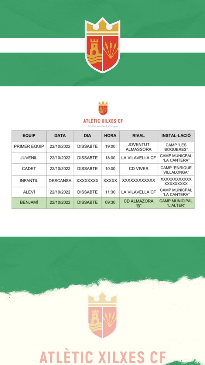Ací teniu els partits que jugaran els nostres equips aquest cap de setmana!👌💚

________________________________

Aquí tenéis los partidos que jugarán nuestros equipos este fin de semana👌💚

#corverdet💚 #ATXilxesCF #Xilxesdeporte #tornarem