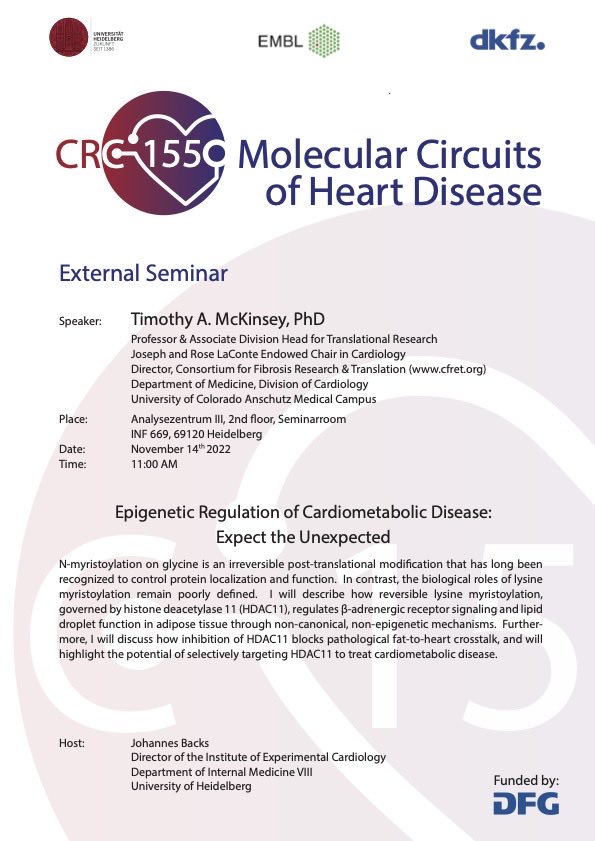 CRC1550's tweet photo. We are looking forward to host Prof Timothy McKinsey @McKinseyLab from @CUMedicalSchool for our next invited seminar on Nov, 14th @ 11:00 am in Heidelberg #CRC1550 https://t.co/cfoJivGXbw