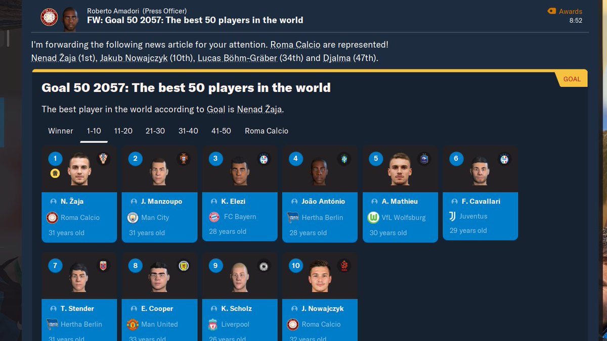 CharooFM's tweet photo. WOW Matteo De Rossi do 2200 game in football and after 10 game we are first place, Goal 50 2057: Top 50 players in the world and we have 4 of them.
@FootballManager #FM22 #footballmanager #Footballmanager22 https://t.co/0ACKxpPd6R