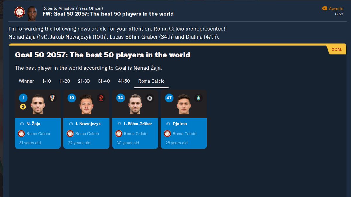 CharooFM's tweet photo. WOW Matteo De Rossi do 2200 game in football and after 10 game we are first place, Goal 50 2057: Top 50 players in the world and we have 4 of them.
@FootballManager #FM22 #footballmanager #Footballmanager22 https://t.co/0ACKxpPd6R