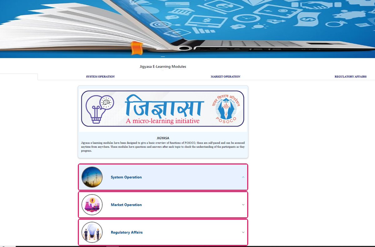 POSOCO contributing towards its role of capability building, POSOCO launched ‘Jigyasa’, an e-learning initiative for its stakeholders. 27 modules on Power System Operation, Market Operation and Regulatory Affairs.
Available on: hrd.posoco.in/elibrary
#LearnatYourOwnPace