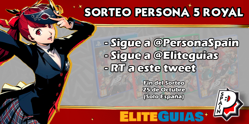 PersonaSpain's tweet photo. 🎉SORTEO PERSONA 5 ROYAL🎉
¡Sorteamos una copia física de Persona 5 Royal para la plataforma de tu elección junto a @eliteguias!

Para participar:
✅Seguir a @eliteguias
✅Seguir a @PersonaSpain
✅RT a este tweet

¡Mucha suerte! #P5R https://t.co/UJ2uHtWbSK