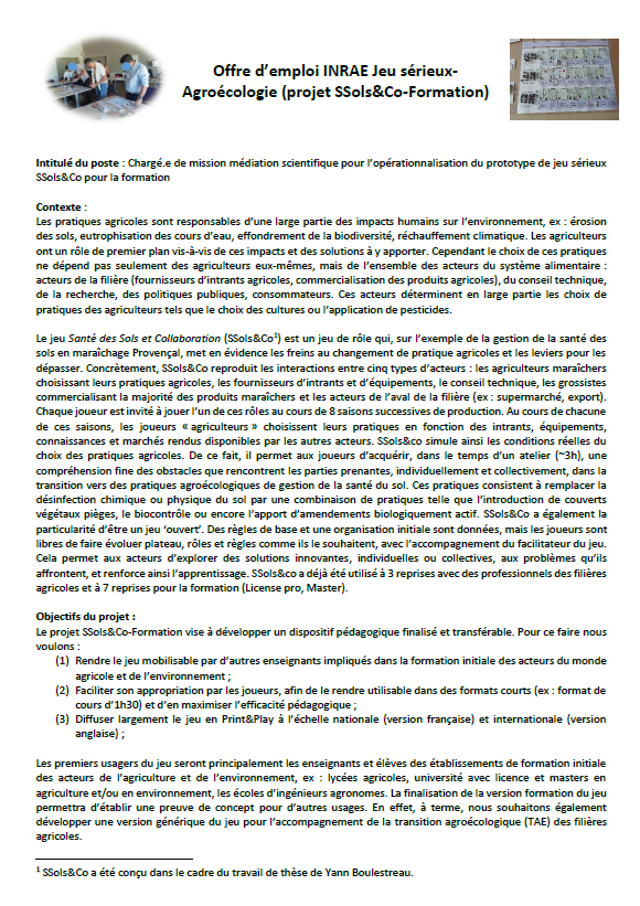 gamae_agri's tweet photo. Offre de CDD de 6 mois (Janvier-Juin 2023) pour travailler au sein de l'unité EcoDéveloppement à Avignon @inrae_act sur l'adaptation d'un jeu créé lors d'une thèse. Diplôme en médiation scientifique ou d'ingénieur agronome. https://t.co/vdChlkVvHh