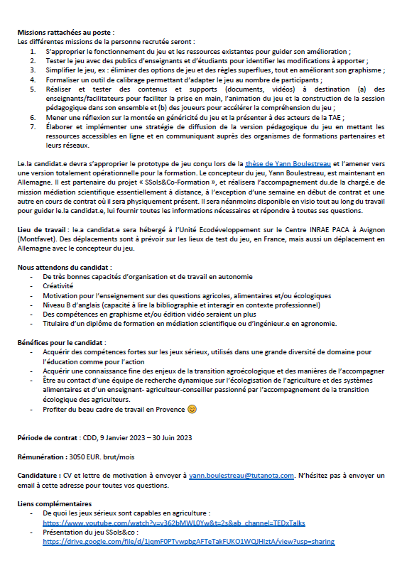 gamae_agri's tweet photo. Offre de CDD de 6 mois (Janvier-Juin 2023) pour travailler au sein de l'unité EcoDéveloppement à Avignon @inrae_act sur l'adaptation d'un jeu créé lors d'une thèse. Diplôme en médiation scientifique ou d'ingénieur agronome. https://t.co/vdChlkVvHh