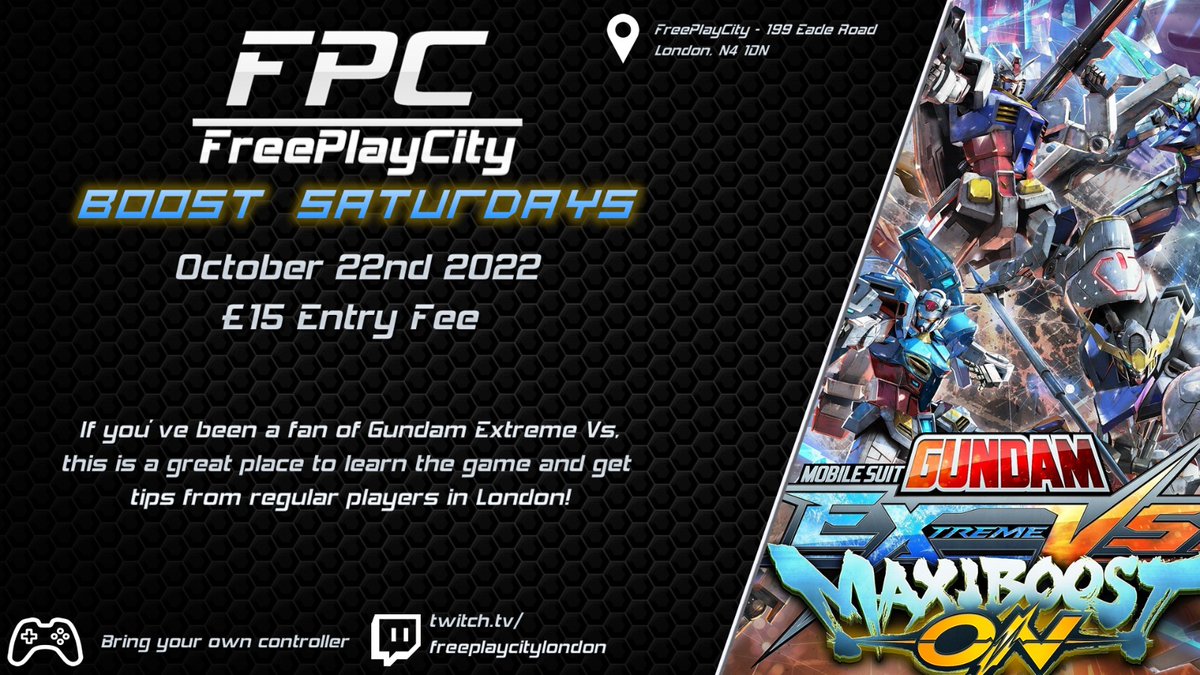 FreeplayC's tweet photo. This Saturday, Gundam Extreme VS at FPC. #Gundam #MaxiBoostOn #ExtremeVS #FreePlayCity #NewRiverStudios https://t.co/qyABBdW6iu