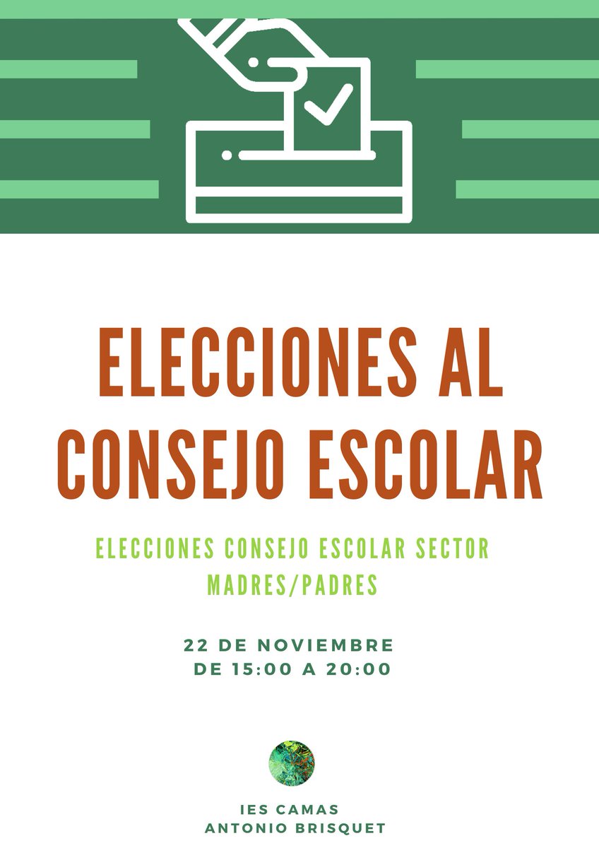 iescamas's tweet photo. 📣 ¡Día de elecciones del #consejoescolar! Hoy a partir de las 15:00 y hasta las 20:00 los padres y madres podrán votar #iescamas https://t.co/KK1g6cRMCT
