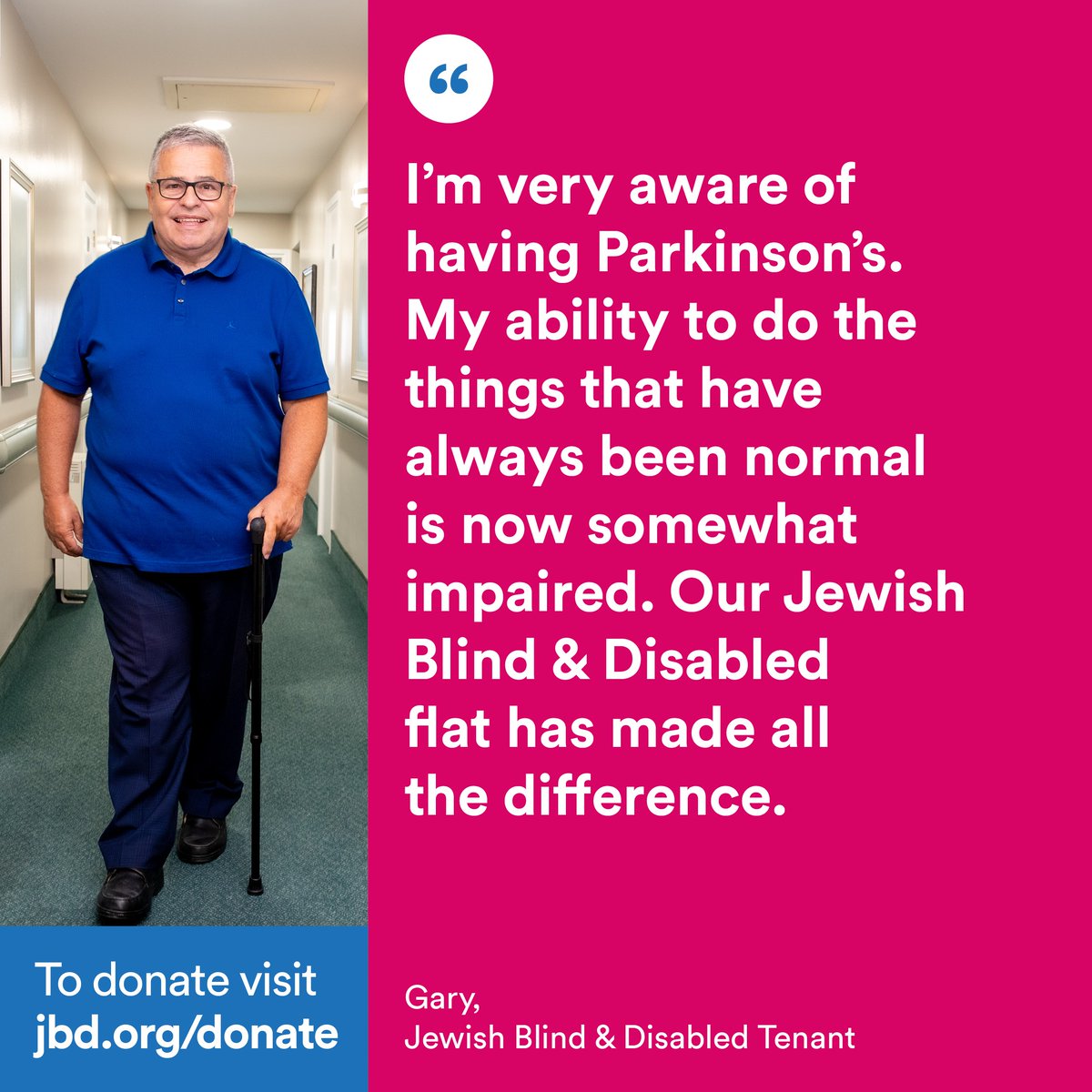 You can still donate to our Rosh Hashanah appeal. 
Gary was diagnosed with Parkinson’s aged 63. He was finding the steps into his bungalow difficult and his wife was concerned about him whenever she went out. Your support means we can help more people -  jbd.org/donate