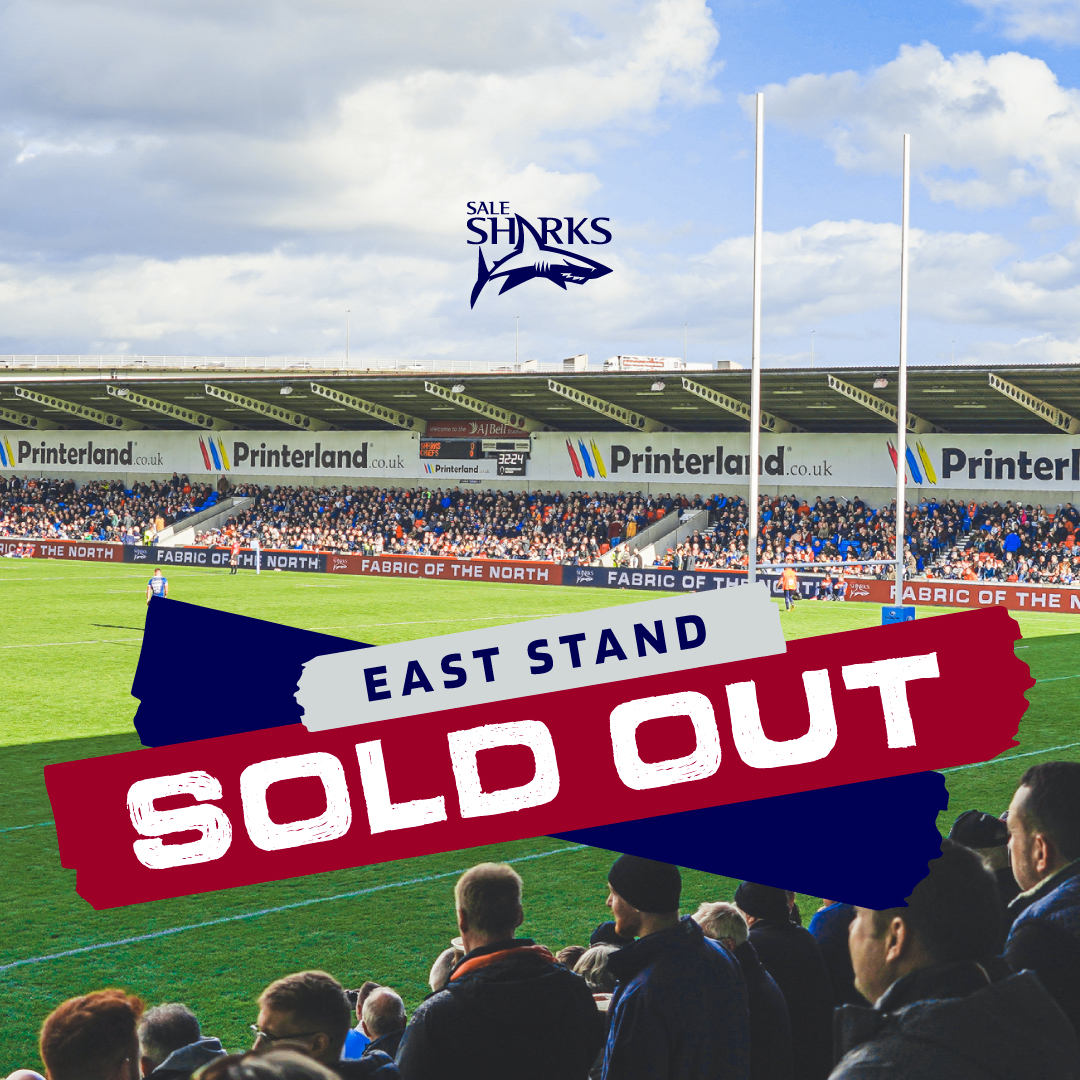 SaleSharksRugby's tweet photo. 𝗘𝗔𝗦𝗧 𝗦𝗧𝗔𝗡𝗗 𝗦𝗢𝗟𝗗 𝗢𝗨𝗧 🤩

If you haven't already got your tickets for Sunday's huge #GallagherPrem clash now is the time #SharksFamily! 

Come and back #YourSharks 👉https://t.co/KyH6BKwntr 

SALvHAR | #SharkTime https://t.co/bYzg5dv2L5