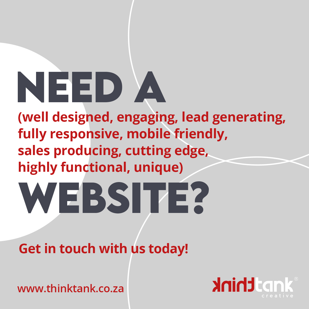 AKAThinkTank's tweet photo. Need an impact-driven, effective, fully responsive and easily manageable website experience for your brand, business or passion project? 
Get in touch with us today! 
info@thinktank.co.za  |  012 348 9756
#thinktank #creative #website #webdevelopment #web #webdesign https://t.co/rCVYuubxyc
