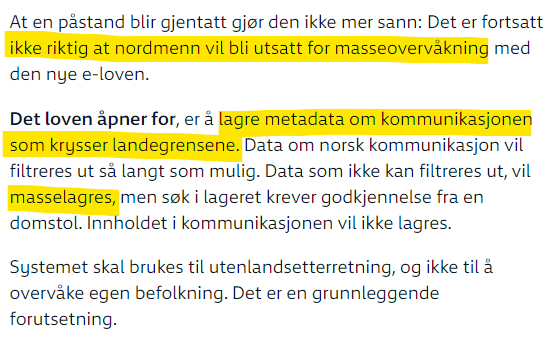 Idé til kommunikasjonsstrategi: Påstå at befolkningen ikke skal masseovervåkes, før man i neste avsnitt beskriver hvordan masseovervåkning skal gjennomføres 

nrk.no/ytring/nei_-de…