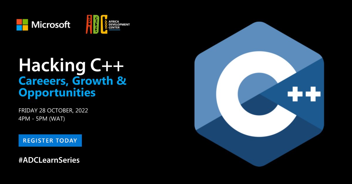 MicrosoftADC's tweet photo. C++ is a powerful all-purpose programming language. In our next edition of the #ADCLearnSeries, we’ll look at its applicability, and the career opportunities it provides.

Register now: https://t.co/JLzLLDlD5q https://t.co/eJD30ms0TU
