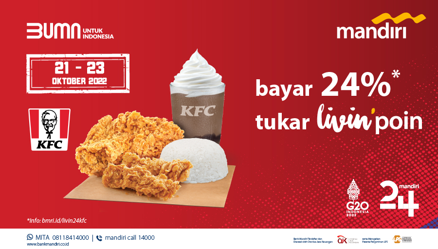 Kapan lagi coba bisa makan enak di KFC cuma Rp24 ribu? 

Spesial HUT #Mandiri24, kamu cuma bayar Rp24 ribu Paket KFC Combo 6 dan bayar cuma 24% tukar Livin’poin.

Promo berlaku hingga 23 Oktober 2022. Info selengkapnya, klik bmri.id/livin24kfc

#mandiripromo #Livinpoin