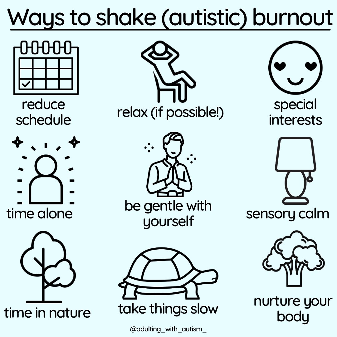 SENDCOLLAB's tweet photo. Thanks to Adulting with Autism for
these tips on how to reduce Autistic Burnout.

What do you do to combat burnout? https://t.co/6JejPvkcfR