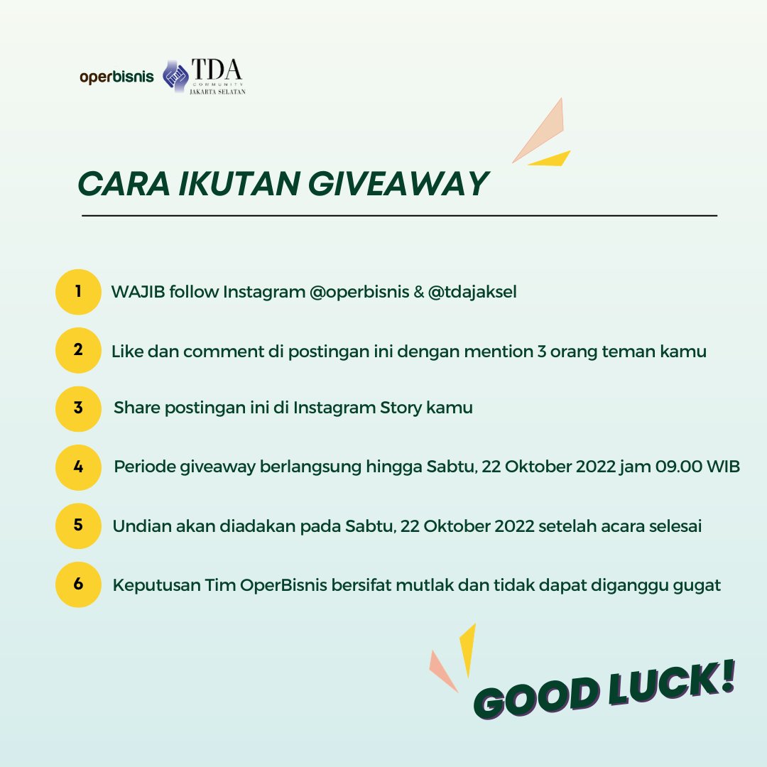 OperBisnis's tweet photo. 🌟GIVEAWAY ALERT!🌟
Dapatkan buku OperBisnis dan atribut Golf Birdie! Undian pemenang Sabtu, 22 Oktober 2022 di acara webinar kolaborasi "Menentukan Target Pasar yang Tepat Dalam Upaya Akuisisi Pelanggan"

Follow, Like, dan Comment @OperBisnis  https://t.co/SRCwK8esNY

#Giveaway https://t.co/QU3kp21anu