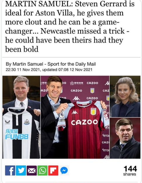 Neil_Light's tweet photo. @MailSport Hi Martin Samuel , this did not age well. ๐๐๐๐๐๐ #Gerrard #gerrardout #AVFC #NUFC https://t.co/mQIX67NQRr