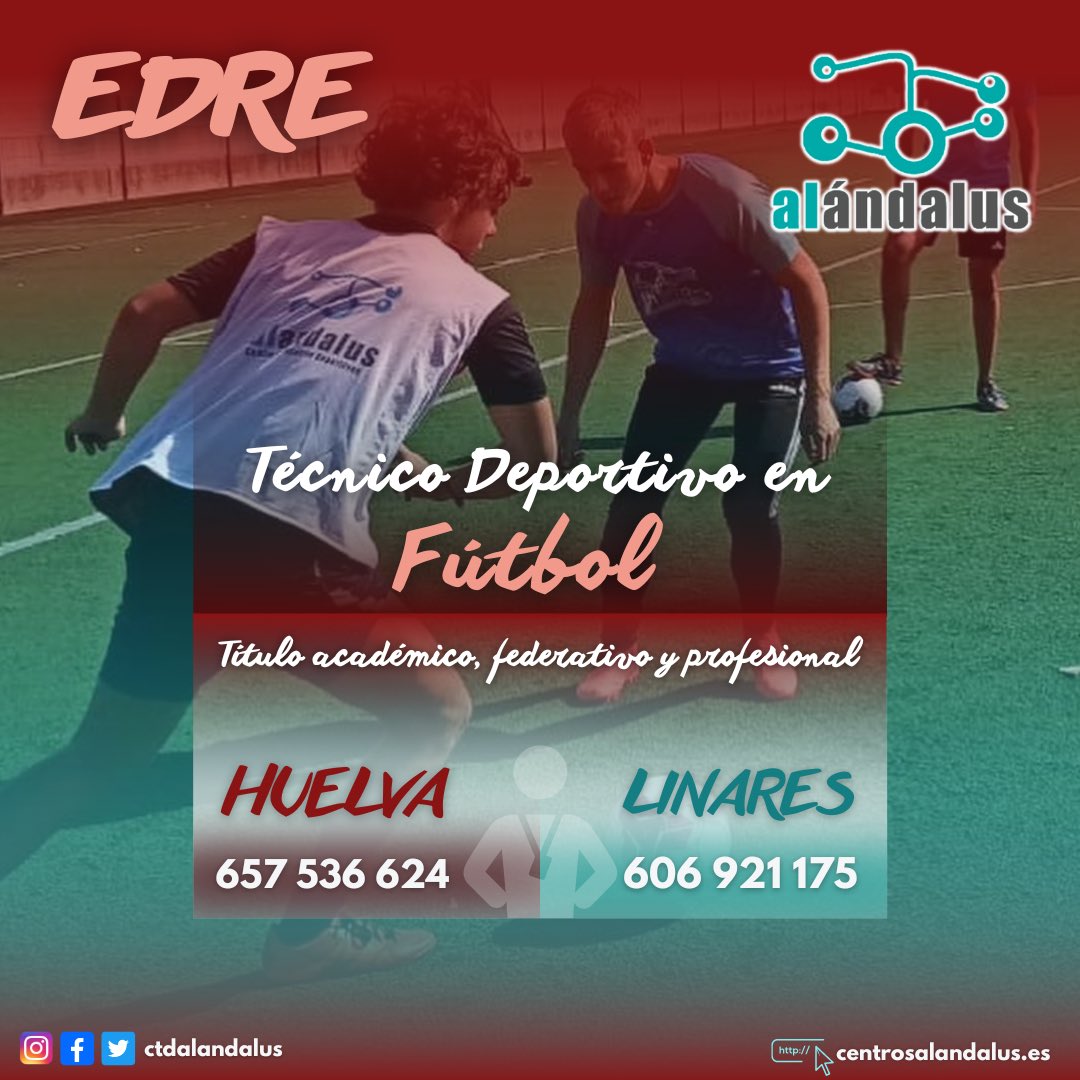 CtdAlandalus's tweet photo. ⚽️ Fórmate en EDRE como entrenador de FÚTBOL en Huelva y Linares📍
❗️ Más información ⬇️
📞 Huelva - 657 536 624
📞 Linares - 606 921 175
📲 O visita nuestra web
https://t.co/KnzpYWv9C4
#EDRE #TecnicoDeportivo #Entrenador #Futbol #Huelva #Linares #Jaen https://t.co/OqqOQcHFBy