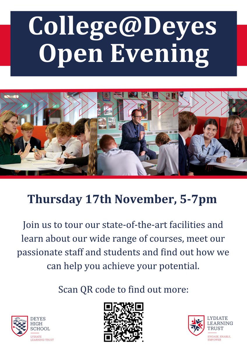 We’re holding our Open Evening, on Thursday 17th November from 5-7pm. Come and experience <a href="/collegedeyes/">College@Deyes</a> and see what we have to offer. Speak to our students, teachers and pastoral team and tour our facilities to find our why we are destination success. <a href="/EducateMag/">Educate Magazine</a> #SixthForm