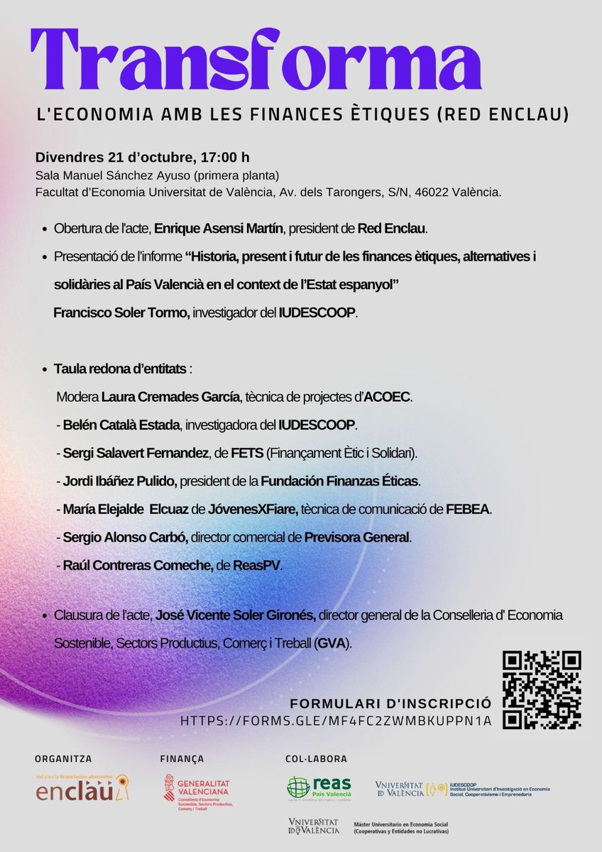 En què consisteix el finançament ètic i solidari i de quina manera pot ajudar a construir un futur econòmicament just? Esta vesprada ho parlem amb Sergi Salavert de <a href="/banca_etica/">FETS Finançament Ètic i Solidari</a> i amb altres experts/es! 
📅 HUI
🕔17:00h
📍@FdEconomiaUV 
✍🏽APUNTA'T ACÍ ➡️ forms.gle/Mf4Fc2zwmbkuPp…