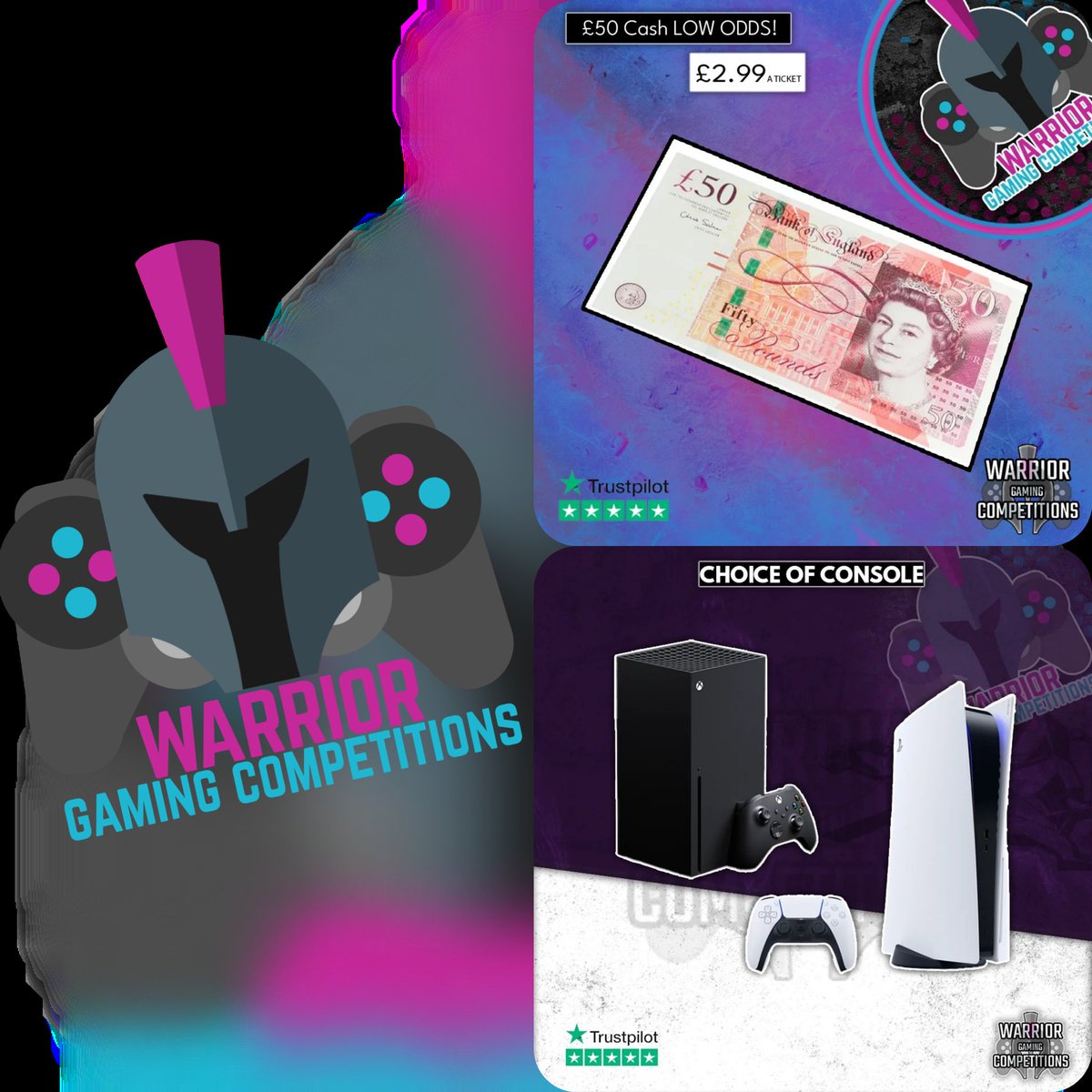 Warrior_comps's tweet photo. It's Draw Day! 

We've got 2 comps ending tonight with amazing odds! 

Would you choose the Xbox or PS5?

How would you spend the Quick £50? 

Don't miss out! 
https://t.co/xnAFimMtaB 

 #WGCFam #gaming #console #xbox #ps5 #cash #win #competition #wgc https://t.co/Yo8vTehrDn