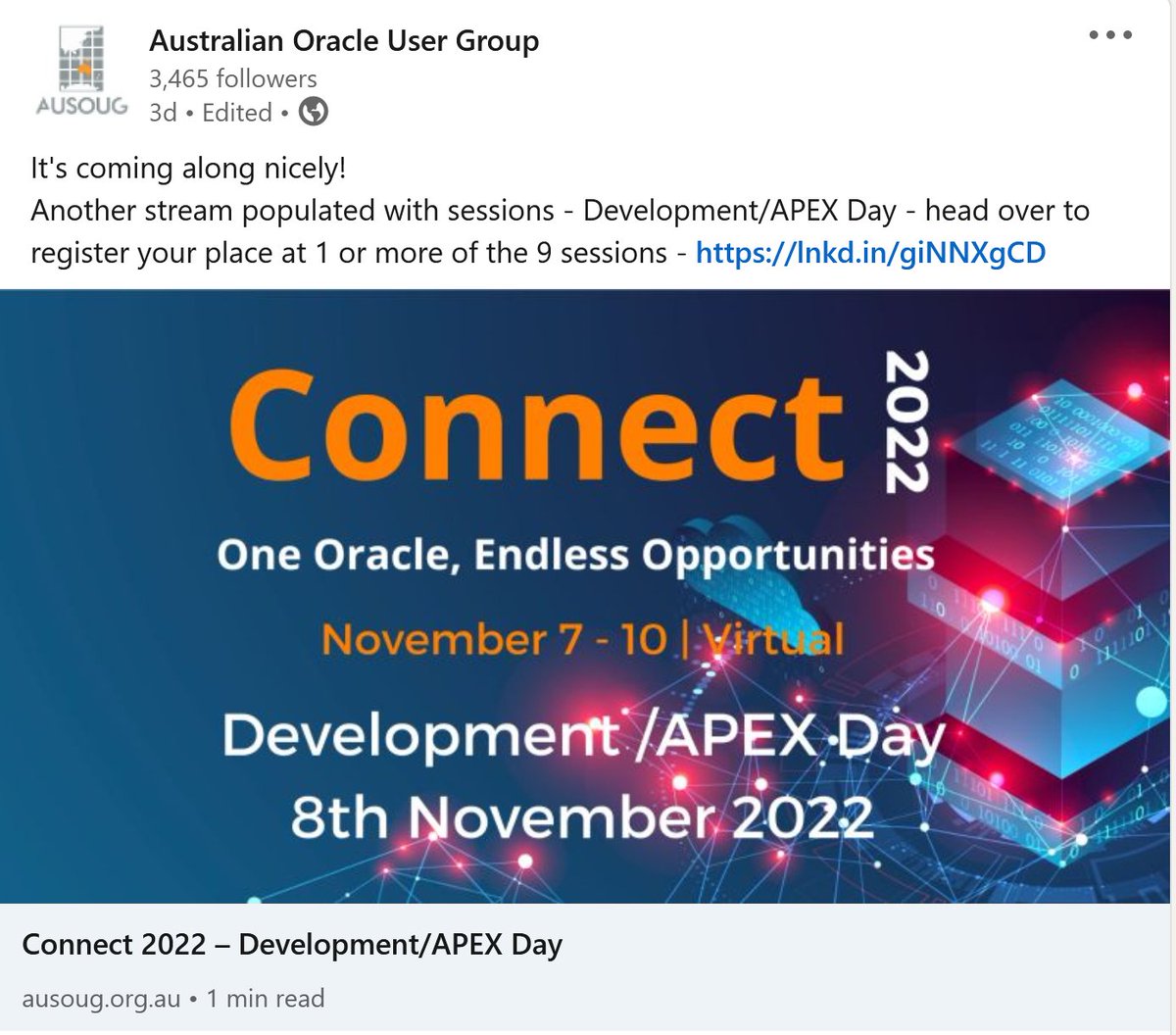 #ausougConnect22 Developer day 8th of Nov with 

@msewtz 
@ChrisRSaxon 
@fuzziebrain 
@miaurman 
@JimTheWhyGuy 
@ghrd 
@amunteanu04 
@Niall_McP 
@dgielis 

Registration ausoug.org.au/connect-2022-d…

#oracle #plsql #orclAPEX @oracleace #ords #oracleSpatial #SQL