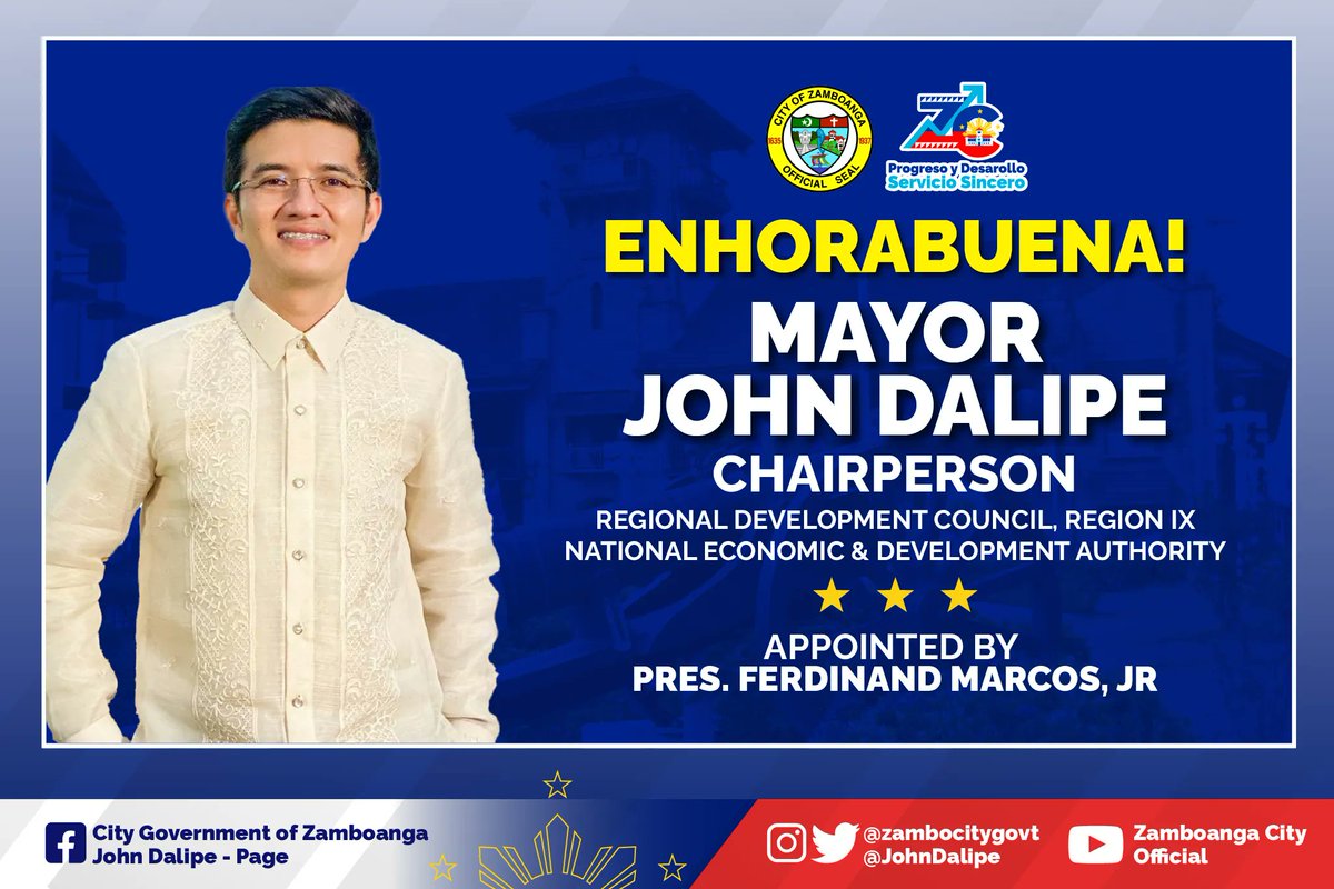 President Ferdinand Marcos Jr. appoints Mayor John Dalipe as chairperson of the Regional Development Council in Zamboanga Peninsula. 

Enhorabuena, Mayor John M. Dalipe, the City of Zamboanga is so proud of you!