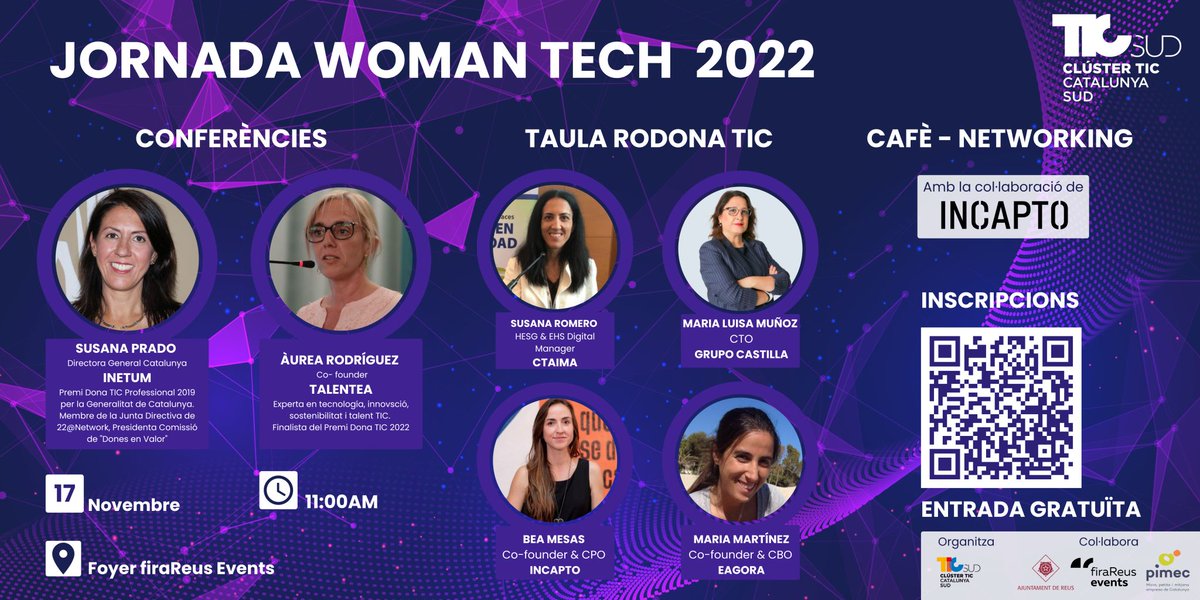TICSud's tweet photo. 🚀Jornada #WomanTech22
📆 17/11 
⏰11h
📍Foyer Marià Fortuny @firaReusEvents 
📬 Entrada gratuïta amb inscripció ⬇️
https://t.co/QIdZRwidmN

💎Potenciem el talent digital i tecnològic femení del territori de la mà de grans professionals i expertes!

#TICsud #DonaTIC #Reus https://t.co/M3V8qSjrFN
