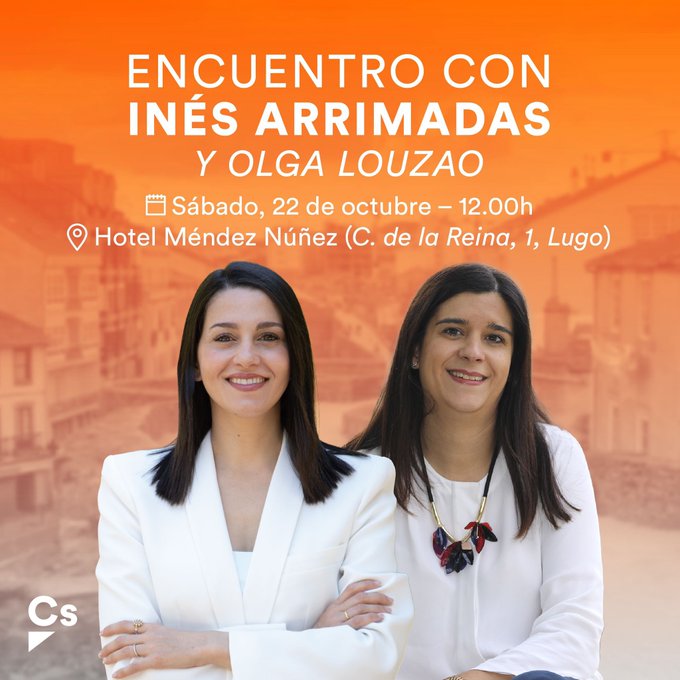 CsGalicia's tweet photo. 😉 ¡Os esperamos mañana, a partir de las 12:00h, en la Plaza Mayor de Lugo!

🏛️ @InesArrimadas visitará la Casa Consistorial de la ciudad junto a nuestra coordinadora autonómica, @olgaloal, antes de celebrar un encuentro con afiliados de Galicia. https://t.co/I7CTde7QRV