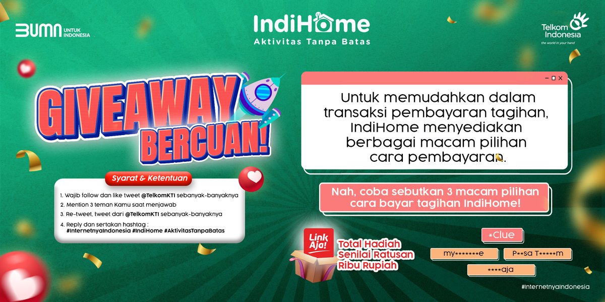 indihomekti's tweet photo. Halo Sobat👋
Minti pengen tes pengetahuan kalian nih😜

Yang menjawab dengan benar akan Minti beri hadiah berupa saldo LinkAja total 150K untuk 3 orang pemenang nih🥳

Tapi jangan lupa cek syarat &amp; ketentuannya yah😆

#IndiHome #Giveaway https://t.co/edCdNKohbs