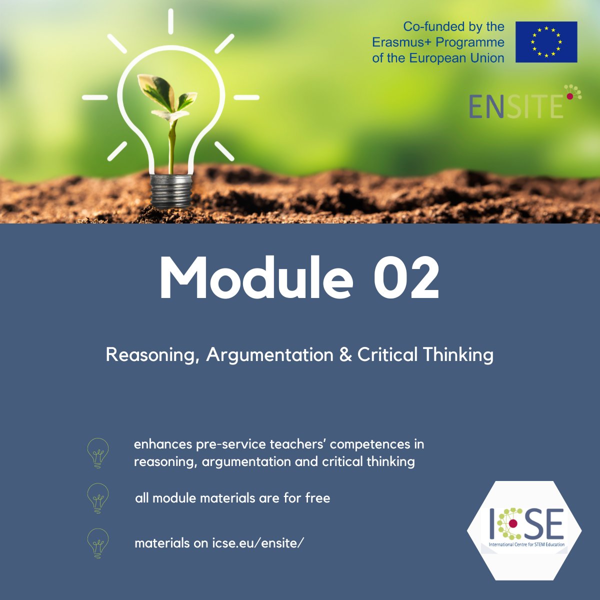 ICSE_freiburg's tweet photo. #ENSITE #Module02
The second ENSITE module provides resources & strategies to help pre-service teachers to create effective learning environments for #reasoning, #argumentation and #criticalthinking.
Download the free materials here: https://t.co/1Sbocac2S3 https://t.co/ZuIPRkzlNy