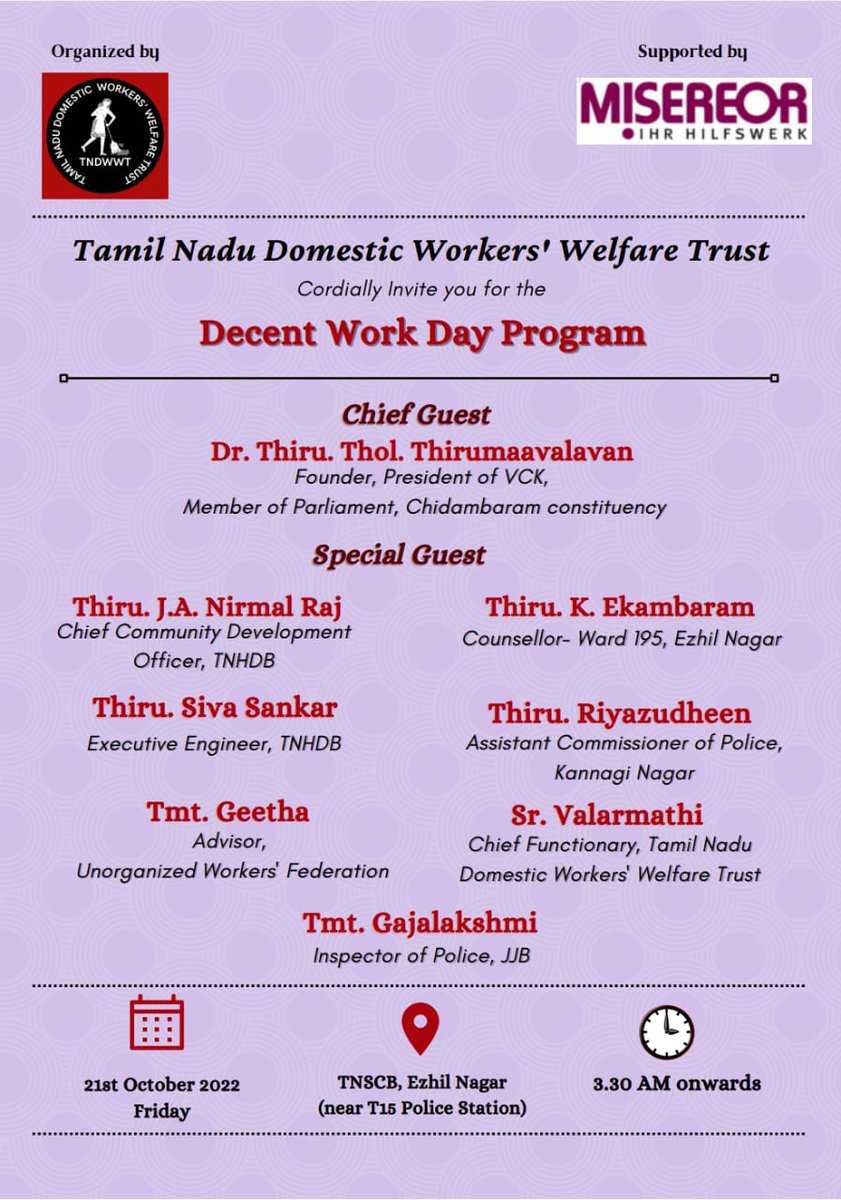 Samathuvan59's tweet photo. @thirumaofficial அக்-21 மாலை 3.30 மணியளவில் கண்ணகி நகர்- எழில் நகரில் தமிழ்நாடு வீட்டுப் பணியாளர்கள் நல அறக்கட்டளையின் சார்பில் நடைபெறும் #Decent_work day programme நிகழ்வில் பங்கேற்கிறேன்.
#Domestic_workers https://t.co/JeeXwgVsFl
