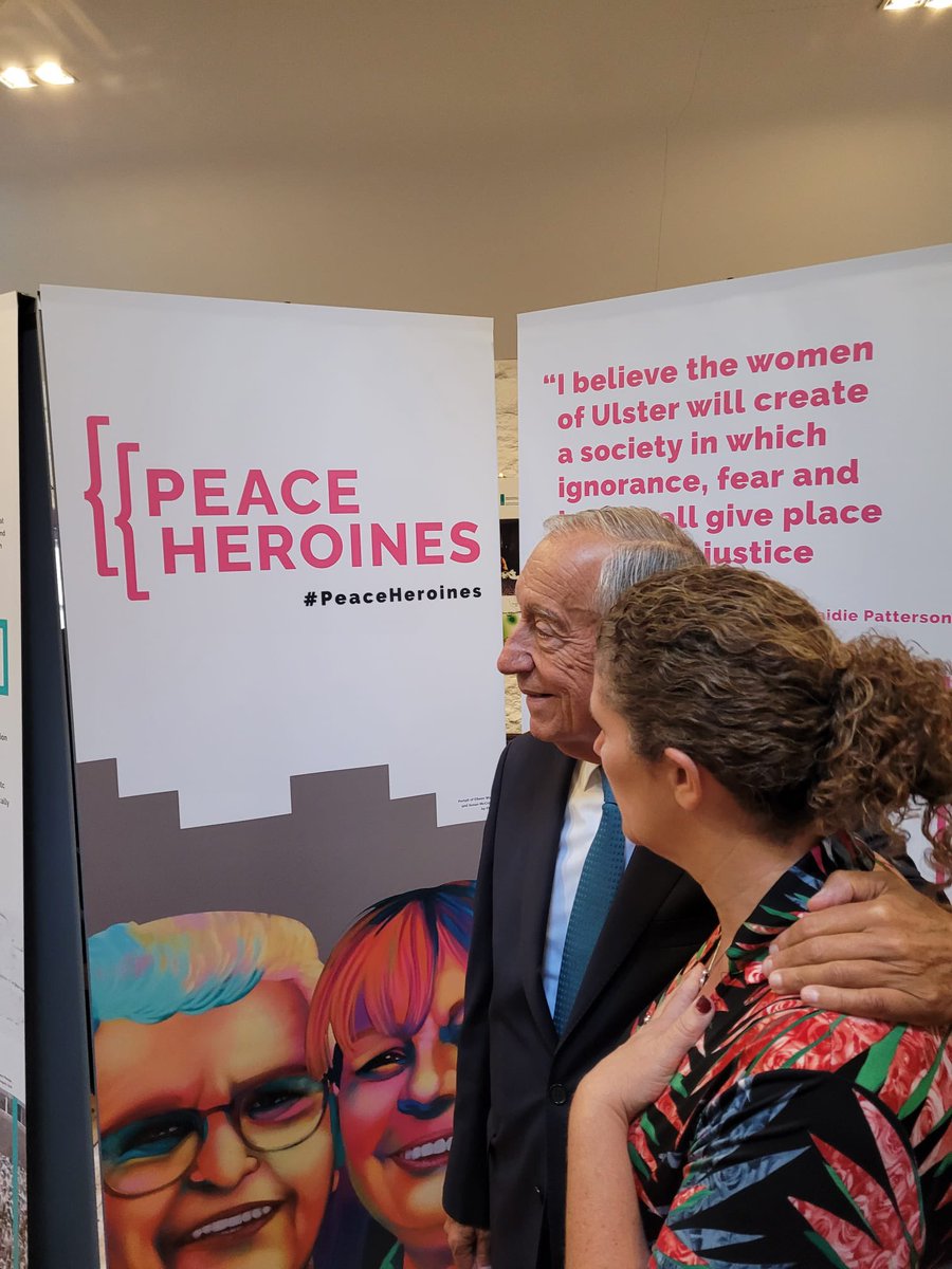 HerstoryIreland's tweet photo. Portuguese President Marcelo Rebelo de Sousa visited Herstory’s #PeaceHeroines exhibition at @GlencreeCentre yesterday &amp; conversed w/ peace heroine Joanne Fitzpatrick (@peaceplayers) &amp; @TreacyOC , Herstory board member.
https://t.co/OaWjTumbp4 https://t.co/zU4ZSG1Hic