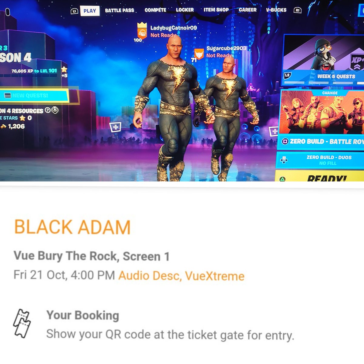 I am so excited to have a #BlackAdam skin at <a href="/FortniteGame/">FortniteGame</a>  and also going to watch <a href="/blackadammovie/">Black Adam Movie</a> today at <a href="/vuecinemas/">Vue</a> with <a href="/TheRock/">Dwayne Johnson</a>
