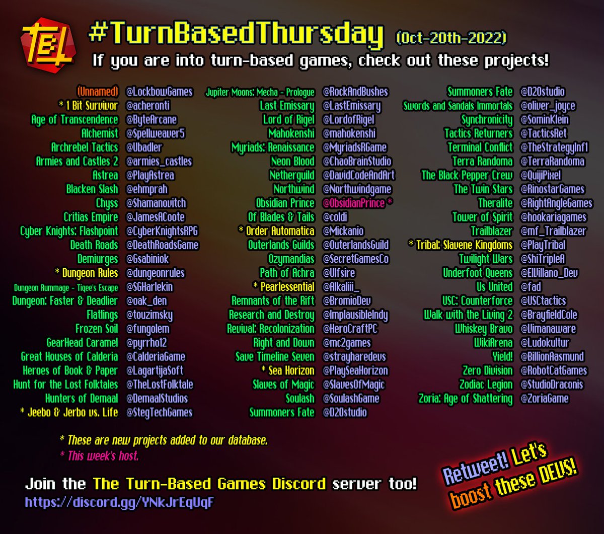 Here is the list of participants for this week's #TurnBasedThursday event! Click below to access these projects! Happy #FollowFriday!

x.com/ObsidianPrince…

👉 <a href="/TurnBasedThurs/">#TurnBasedThursday - Turn-Based Game Showcases</a>
👉Website: turnbasedlovers.com
👉Discord: discord.gg/YNkJrEqUqF

#gamedev #indiedev #turnbased