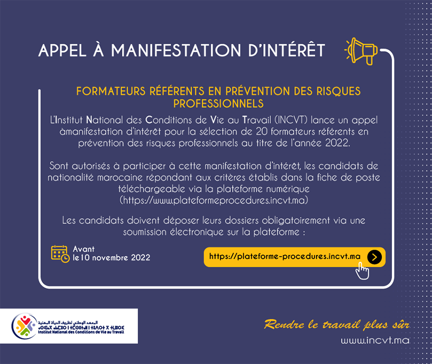 IncvtM's tweet photo. 📢#INCVT a lancé à partir du 26/09/2022 un appel à manifestation d’intérêt pour la sélection de 20 #FormateursRéférents en #prévention des #Risquesprofessionnels. Les candidats intéressés doivent déposer leurs dossiers sur : https://t.co/vjIueFyZ1p, avant le 10 novembre 2022. https://t.co/yFi1Q13ztf