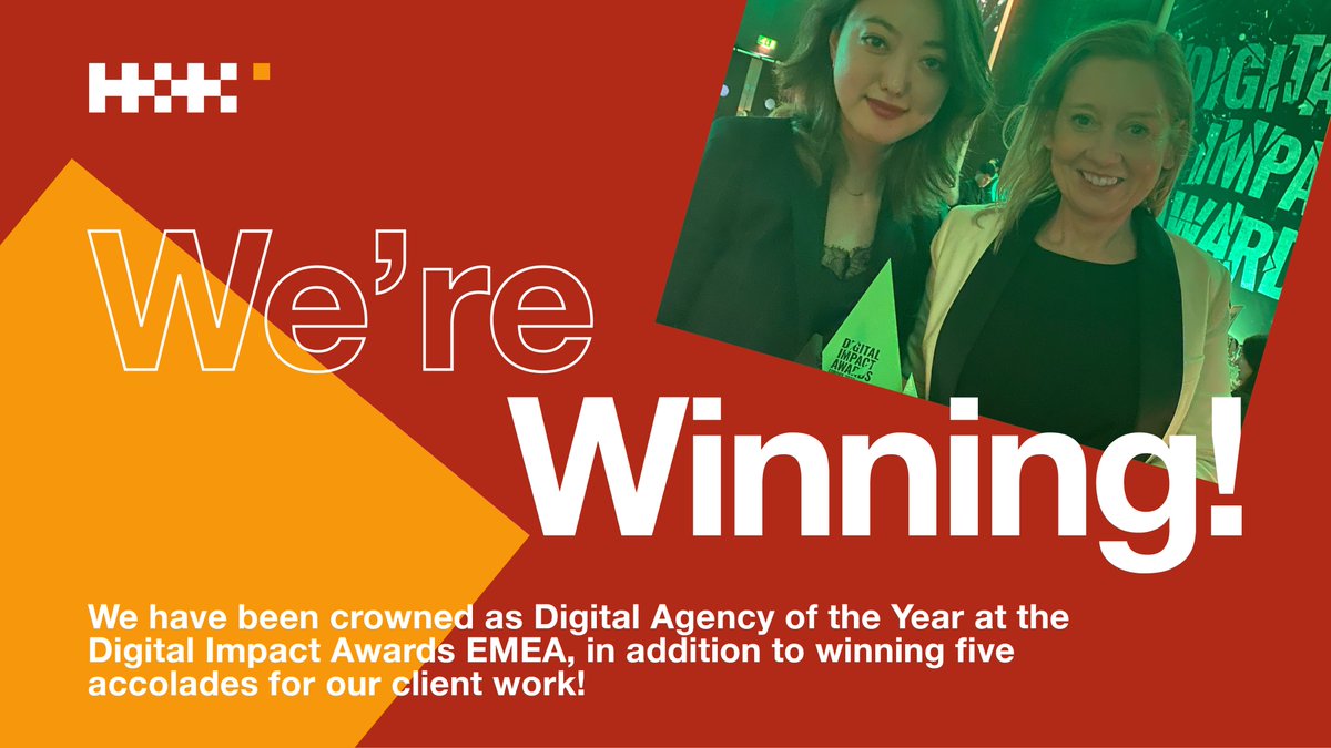 HK_London's tweet photo. We are proud as punch to have been named Digital Agency of the Year at last night's @_digital_impact Awards! We also brought home wins for work with clients including @HSBC. Congratulations to all teams involved! 🌟
#DIAwards #HKproud https://t.co/p9mU0r5zFd
