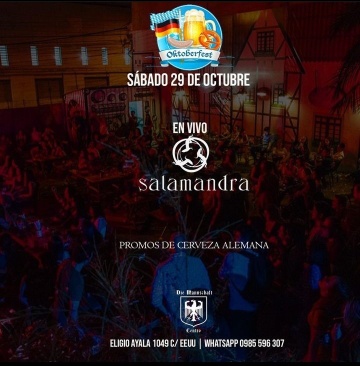<a href="/salamandrapy/">Salamandra</a> se presenta en el #Oktoberfest de <a href="/diemannschaftpy/">Die Mannschaft Bar</a> este sábado 29 de octubre 🔥🎉🍻 
Reservá tu lugar con tiempo ‼️