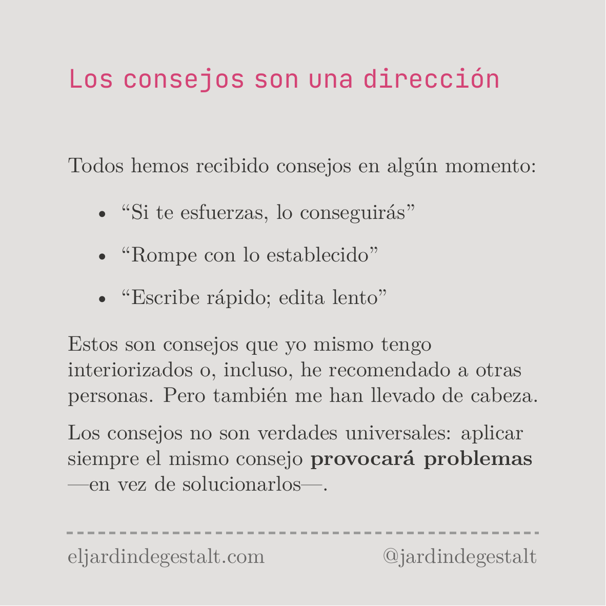 jardindegestalt's tweet photo. En la entrada de esta semana os muestro una forma distinta de entender lo consejos.
Puedes leer más en: https://t.co/u3ZlsHYcze
#creatividad #producitividad https://t.co/8l3hcnhYMK