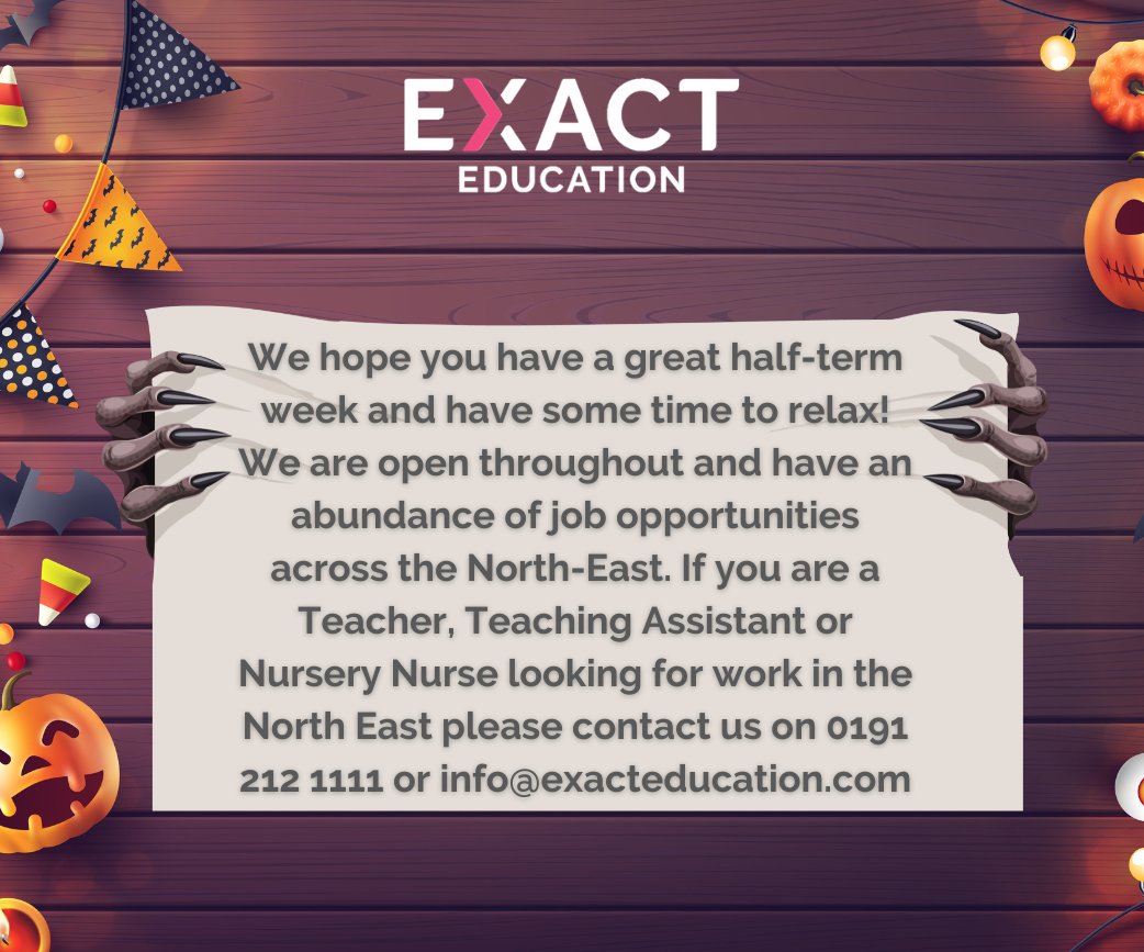 exact_education's tweet photo. ✨Happy Half-term!✨

Get in touch with us now to discuss the opportunities we have for you. You can find our contact details in the image!

#recruitment #education #teachers #nursery #schools https://t.co/GTUeDkeSDk
