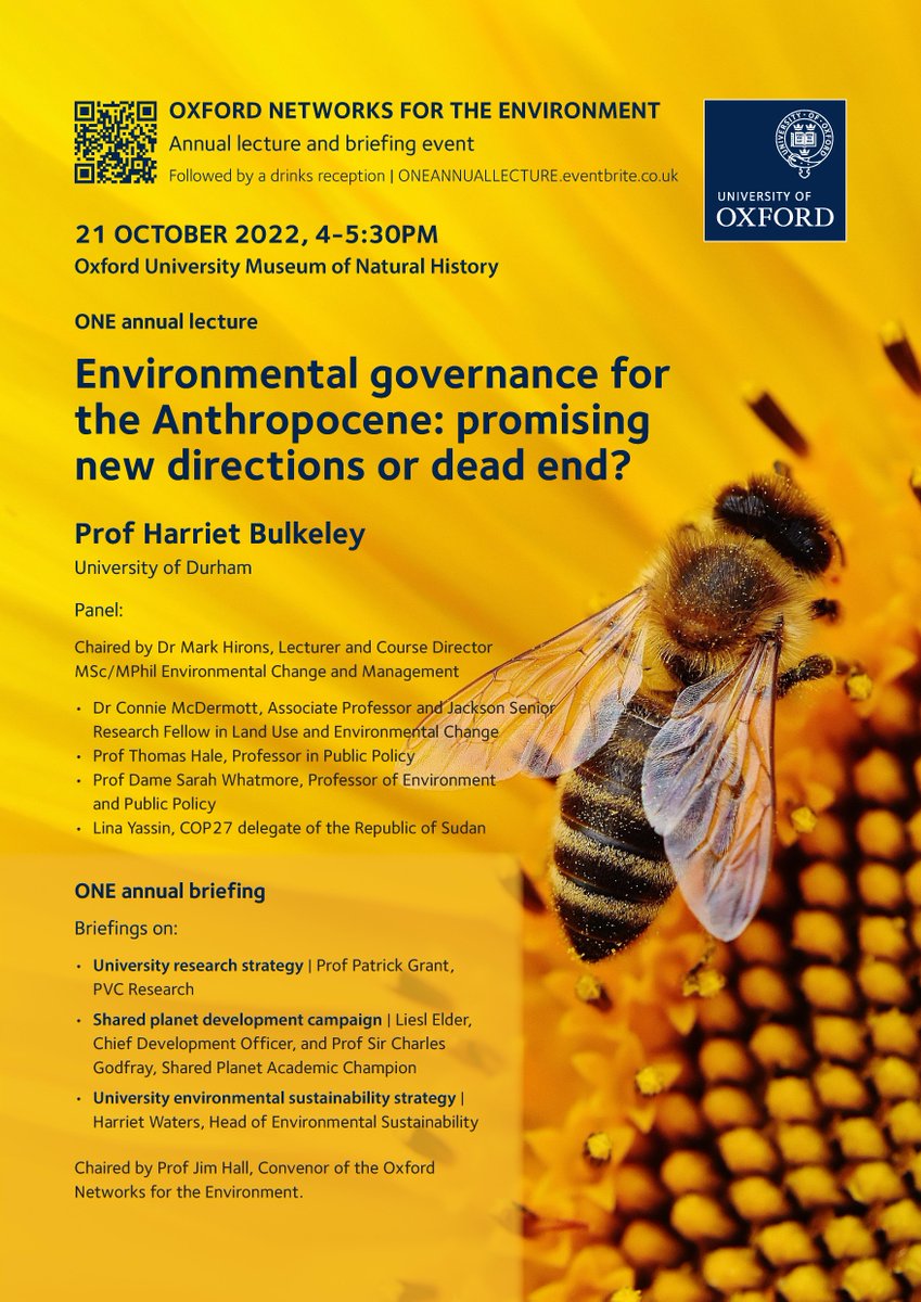 Environmental governance for the Anthropocene: promising new directions or dead end? Oxford Networks for the Environment's annual lecture is this afternoon - sign up here: bit.ly/3T0h0VQ @oxfordgeography @OxfordBiology @UniofOxford