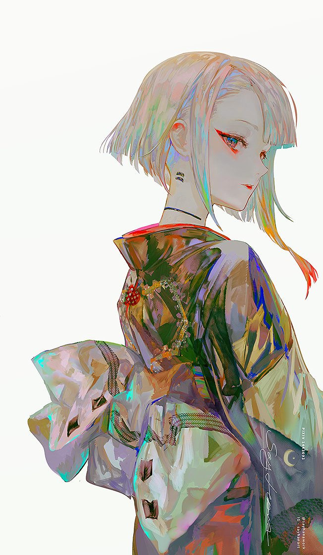 lucy (cyberpunk) 1girl solo white background japanese clothes kimono short hair simple background  illustration images