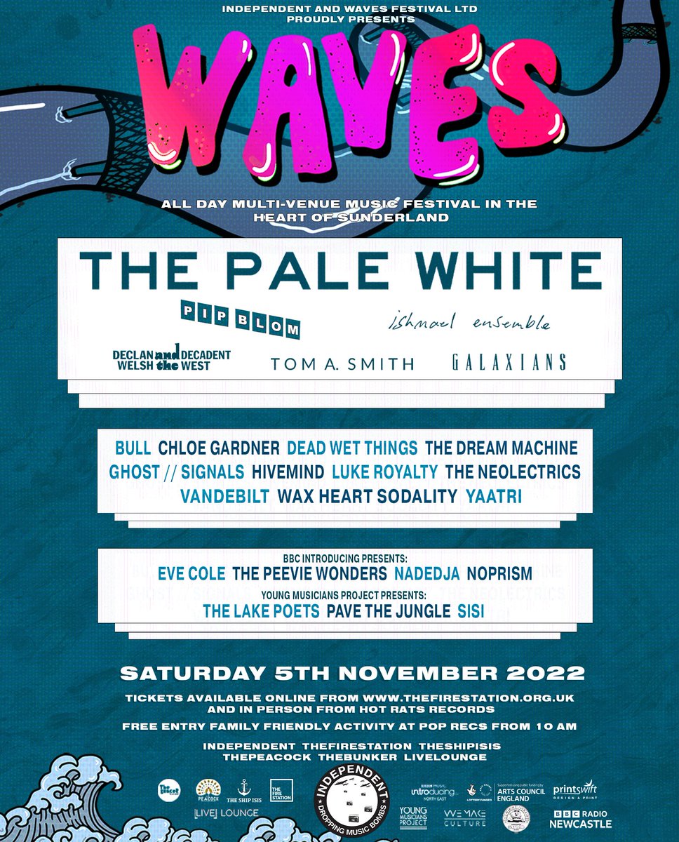 📣The full lineup for Waves is here! We're pleased to finally share the full list of emerging acts taking over our city on 5th Nov. Featuring already announced stage headliners plus loads more acts and stage takeovers! 🌊 🎫 Info and Tickets: sunderlandculture.org.uk/events/waves-f…