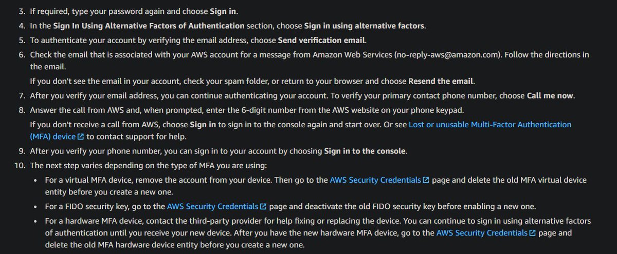 mrgretzky's tweet photo. AWS MFA does not provide you with recovery keys in case you lose access to your MFA device. Instead they will verify your e-mail and send a 6-digit code to your phone number. In case your lose access to your phone number they will be more than happy to change it for you. 1/2 https://t.co/G6GXBWmlXb