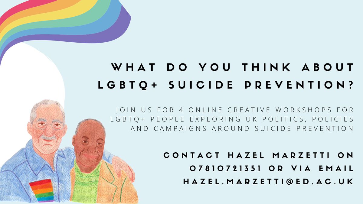 DATES: our next online workshops on the Politics of LGBTQ+ suicide prevention will be on the 9th,16th,23rd&amp;30th November (5-7pm).

We have a couple of spots left and I would love a full house! 

DM/email me hazel.marzetti@ed.ac.uk &amp; pass onto anyone who might be interested 😊