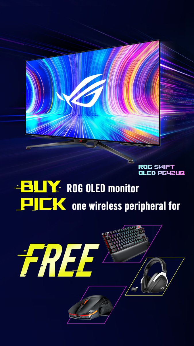 GoCharlieM's tweet photo. Checkout this awesome limited time offer from @ASUS_ROGUK - buy a new PG42/48UQ monitor 🖥 and choose free headset, mouse or keyboard ! 🎧🐭⌨️ =🛍🥳
I tried these new monitors at the #ROGApex launch event, they are seriously impressive & so thin !! 🤩🎮
https://t.co/3aDOVgGL0x https://t.co/cVKIMw3KtF