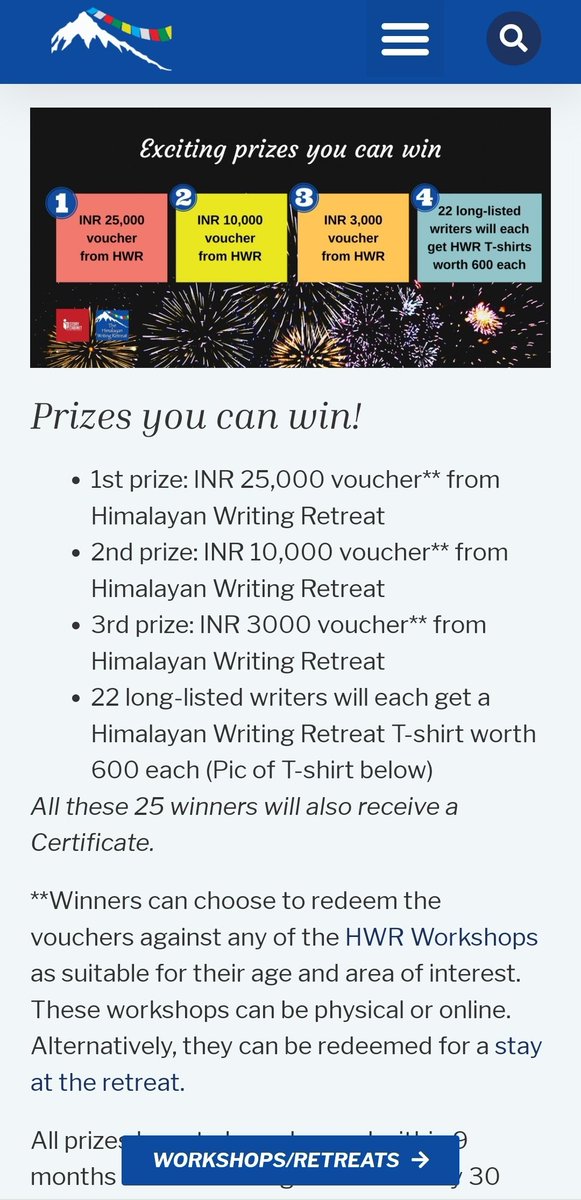 The Himalayan Writing Retreat (@himalayanwrite) on Twitter photo Stand a chance to win these exciting #prizes simply by putting #pen to #paper with the #HWRFlashFictionContest!
Last date to submit your entries is 15th November, so hurry!
Find all the details of the #contest here - bit.ly/HWRFlashFictio…
Powered by <a href="/thestorycabinet/">thestorycabinet</a> Stand a chance to win these exciting #prizes simply by putting #pen to #paper with the #HWRFlashFictionContest!
Last date to submit your entries is 15th November, so hurry!
Find all the details of the #contest here - bit.ly/HWRFlashFictio…
Powered by <a href="/thestorycabinet/">thestorycabinet</a>