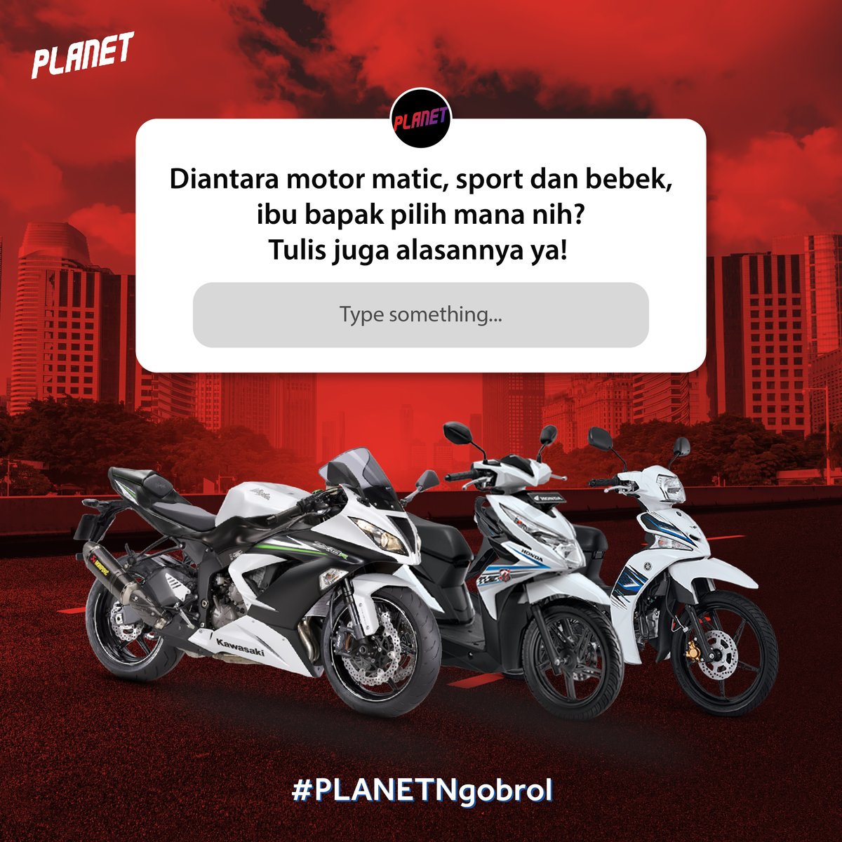 planetmotocom's tweet photo. Motor apa sih yang jadi andalan bapak, ibu, om. tante, kakak, dan adik-adik sekalian? Coba tulis di kolom komentar, Minet penasaran pake banget 🛵

#PlanetAja #JualMotor #1JamLaku https://t.co/r3b7yP5EV9
