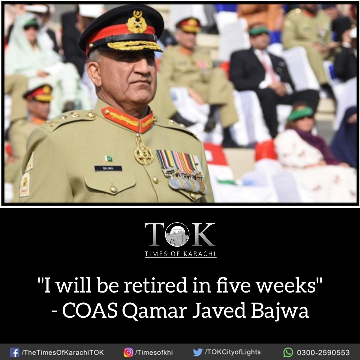 BREAKING: Chief of Army Staff General #QamarJavedBajwa says he is retiring in 5 weeks and will not be seeking an extension anymore. According to the media reports, #COAS further said that the #PakistanArmy will play no role in Pakistani politics. Source: GEO NEWS