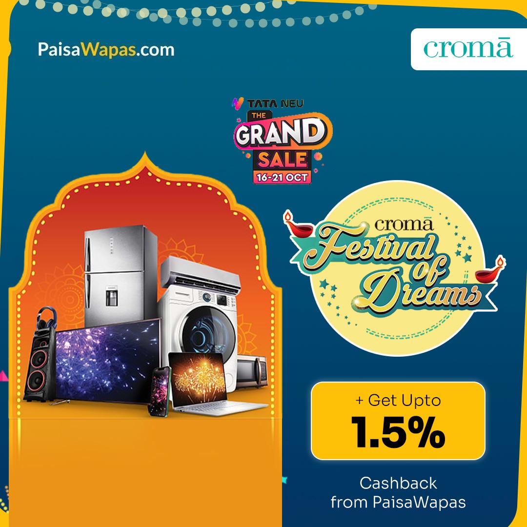 paisawapas's tweet photo. Last Day Of Croma Grand Sale 🤩& Get Upto 1.5% Cashback From Paisawapas 🤩
#paisaWapas #diwalihampers
#diwalishopping #diwalisale #electronics #electronicsale #salesalesale #cashbackmemes #croma https://t.co/Skfu3E1IUo